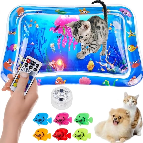 Pet Water Sensory Mat, LED Aqua Play Pad for Cats and Small Dogs, Washable Portable Cooling Bed with Floating Fish, Thickened Leakproof PVC Interactive Toy for Indoor Outdoor Use