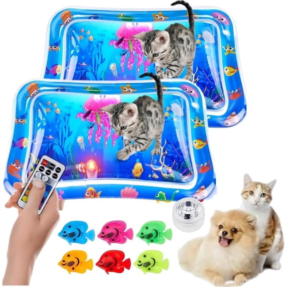 Pet Water Sensory Mat with Remote Control LED Lights, Dog Water Bed, Water Play Mat for Cats and Small Dogs, Thickened Leak-Proof Pet Cooling Mat, Aqua Sensory Pad Toy with Floating Fish (2PCS)