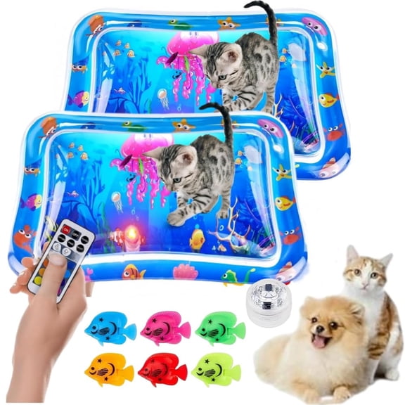 Pet Water Sensory Mat with LED Lights for Cats and Small Dogs, Floating Fish Play Pad