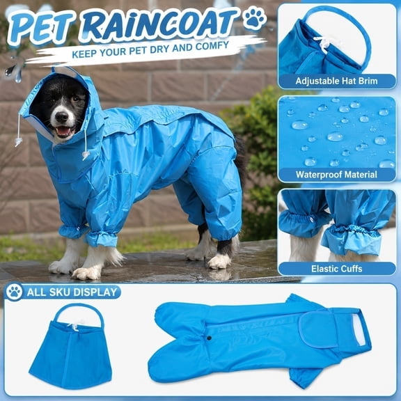Pet Waterproof Hooded Raincoat Four-Legged Full Protection Nylon Dog Rain Jacket for Dogs and Cats Sizes Small Medium Large and Extra Large Outdoor Weatherproof Gear