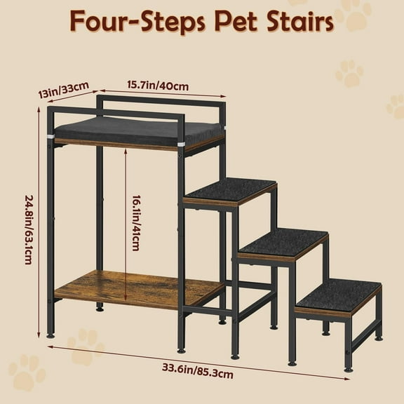 Pet Window Perch with Stairs, 4-Step Dog Bunk Bed for Small Dogs and Cats, Brown
