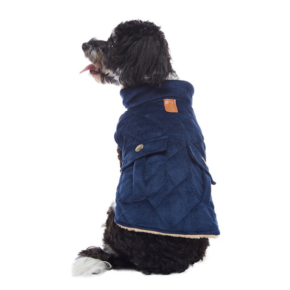 Pet Winter Plush Checkered Coat with 2 Pocket,Cold Weather Puffer Dog Coat, Quilting Winter Dog Jacket Ultra Thick Plush Lining Dark Bluex-Large