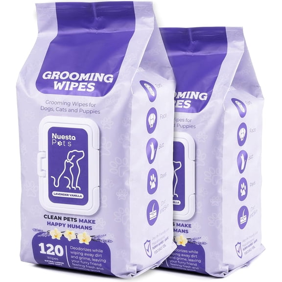 Nuesta Pets Lavender Vanilla Pet Wipes, Pack of 2, 240 Total Wipes, Deodorizing No-Rinse Grooming Wipes for Dogs & Puppies, Paws, Face & Body