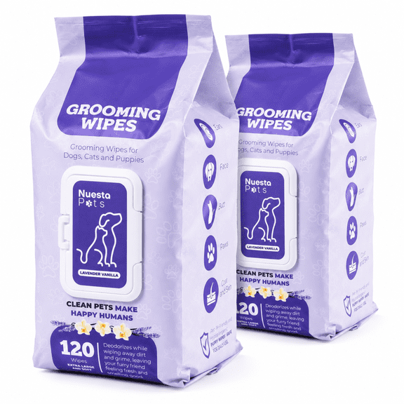 Nuesta Pets Lavender Vanilla Dog Wipes, Deodorizing Grooming Wipes for Ears, Face, Paws & Butt, Aloe, Chamomile & Oat Amino Acids, 240 Ct