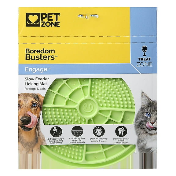 Pet Zone Boredom Busterz Engage Slow Feeder Licking Mat For Dogs and Cats, Pet Food Mat with Suctions to Floors and Walls, Green, 10"