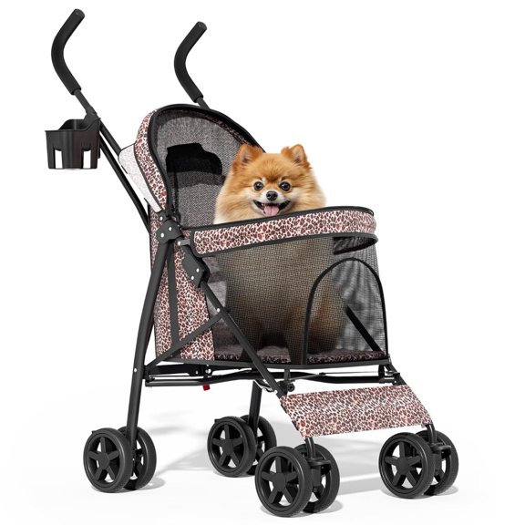 Pet stroller for small/medium dogs and cats, polyester leopard print fabric, black and gold accents, foldable with UV canopy and storage basket