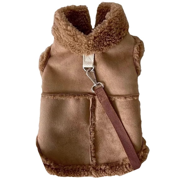 Pet suede leather jacket, furry inner winter coat with D-ring, suitable for puppies, cats, boys, puppies, Chihuahuas, Yorkins, warm and cold weather clothes, brown S Excluding ropes