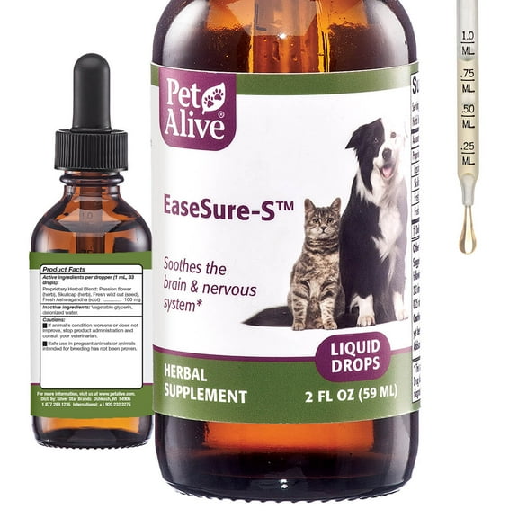 PetAlive EaseSure-S - Dog and Cat Calming Drops - Herbal Pet Supplement to Relax and Reduce Involuntary Muscle Movements, Twitching - Care for Cats and Dogs - 59 mL