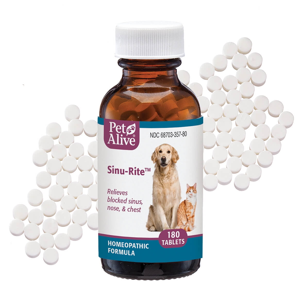 PetAlive Sinu-Rite Dog and Cat Nasal Congestion Relief - Homeopathic Tablets - Supports Relief from Dog Sinus Congestion, Runny Nose, Facial Pressure - Dog Sneezing Treatment - 180 Count