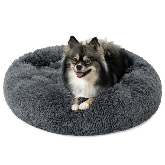 PetAmi Calming Dog Bed for Small Medium Dog Cat, Round Donut Dog Bed Washable, Fluffy Faux Fur Plush Cuddler Pet Kitten Cushion Bed, Anti-Slip, Fits up to 25 lbs, 23 inch, Dark Gray