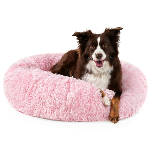 PetAmi Calming Dog Bed for Small Medium Dog Cat, Round Donut Dog Bed Washable, Fluffy Faux Fur Plush Cuddler Pet Kitten Cushion Bed, Anti-Slip, Fits up to 45 lbs, 30 inch, Pink