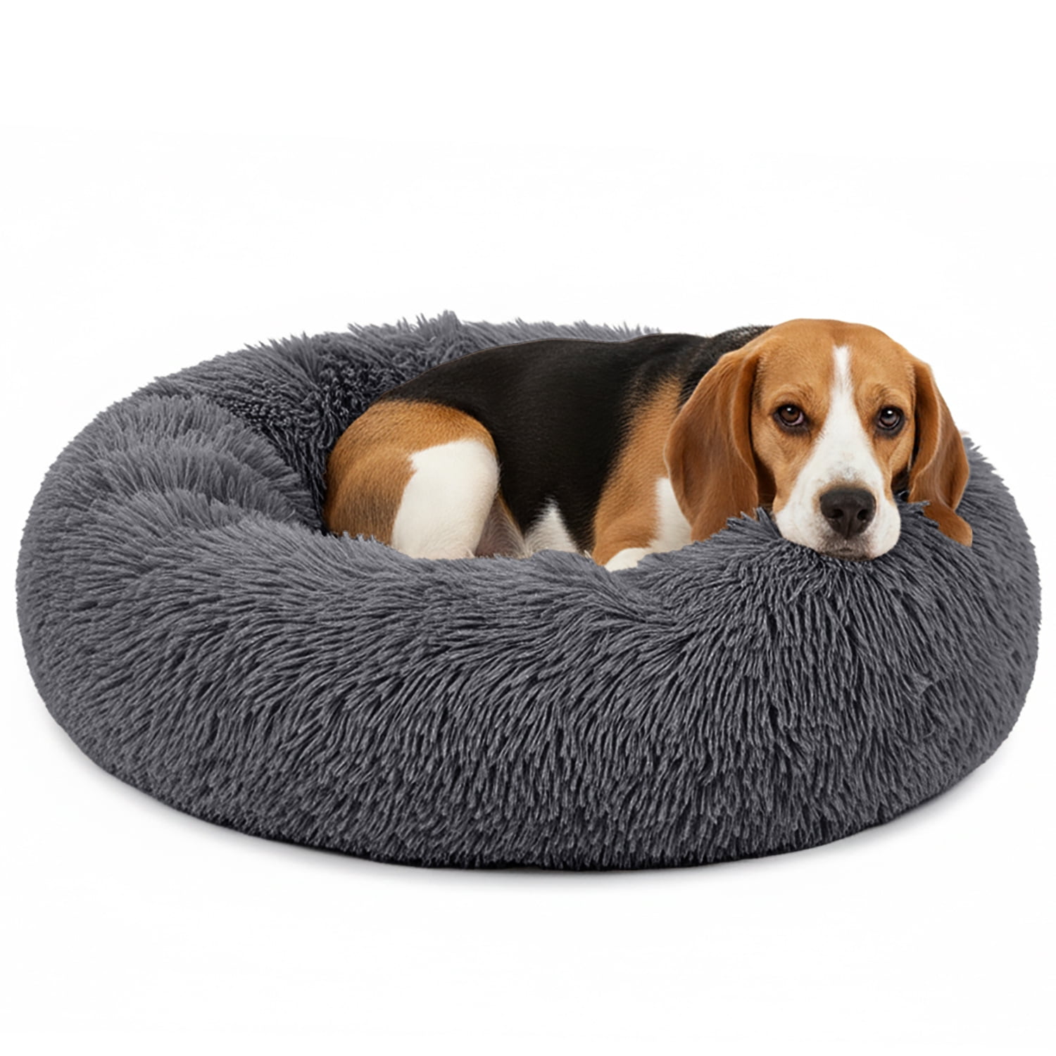 PetAmi Calming Dog Bed for Small & Medium Dogs and Cats, 30 Round Donut Dog Bed, Washable Fluffy Faux Fur Puppy & Cat Bed, Anti-Anxiety Plush Cuddler Pet Bed with Anti-Slip Bottom - Dark Gray