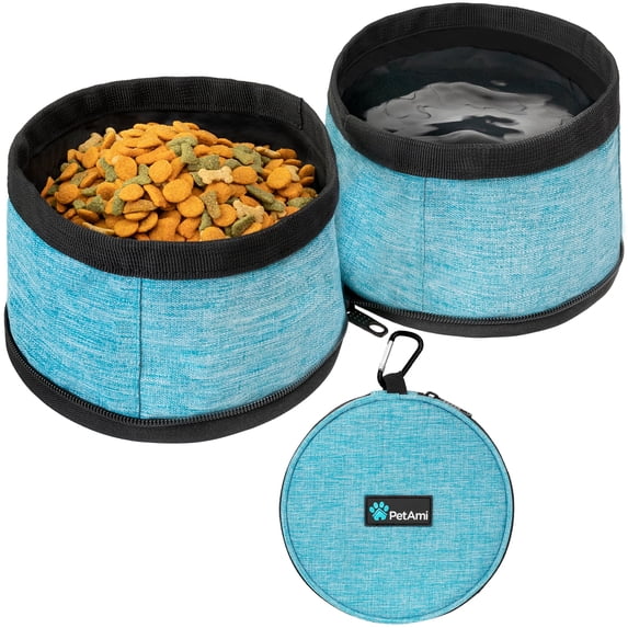 PetAmi Collapsible Dog Food and Water Bowls, 2 Travel Bowls Kit, Portable Pet Dish No Spill, Foldable Lightweight BPA Free Leakproof, Camping Hunting Hiking Walking Outdoor Gear Accessories, Teal Blue