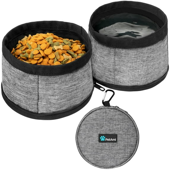 PetAmi Collapsible Dog Food and Water Bowls, 2 Travel Bowls Kit, Portable Pet Dish No Spill, Foldable Lightweight BPA Free Leakproof, Camping Hunting Hiking Walking Outdoor Gear Accessories, Gray