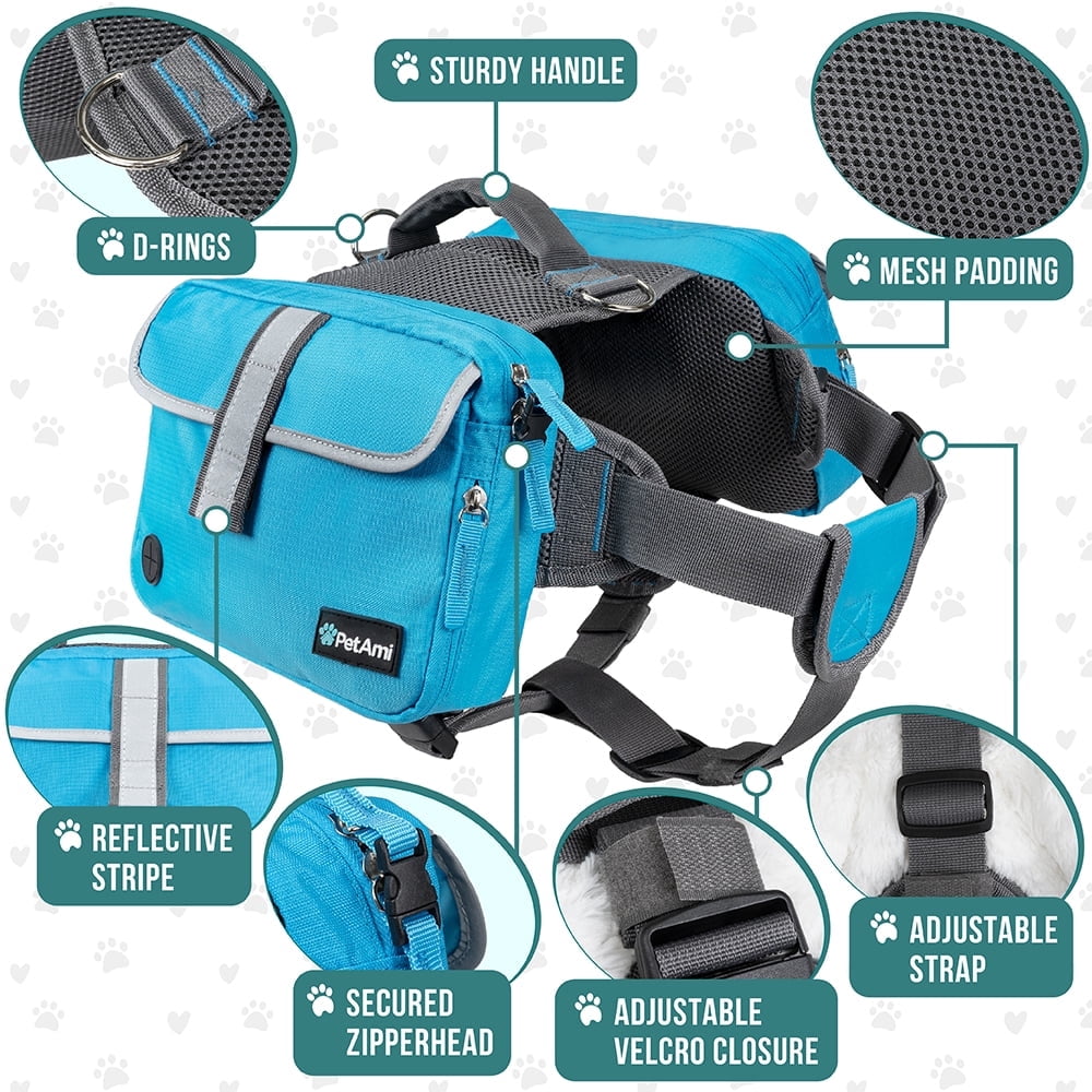 PetAmi Dog Backpack for Medium Large Dogs, Dog Saddle Bag For Dogs to Wear, Harness Saddlebag with Reflective Safety Side Pockets for Hiking, Camping, Vest Dog Pack for Travel (Blue, Large)