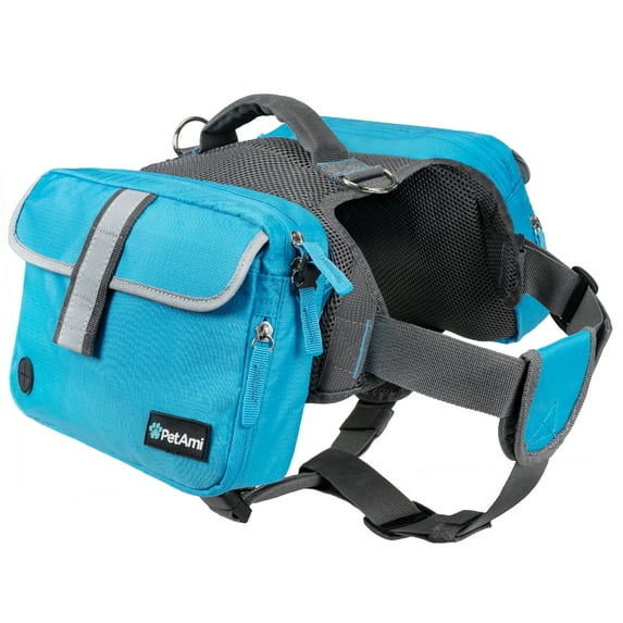 PetAmi Dog Backpack Saddle Bag for Medium Large Dogs, Dog Saddlebag for Dogs to Wear, Harness Saddlebag for Hiking with Reflective Safety Side Pockets, Vest Dog Pack for Camping Travel (Blue, Medium)