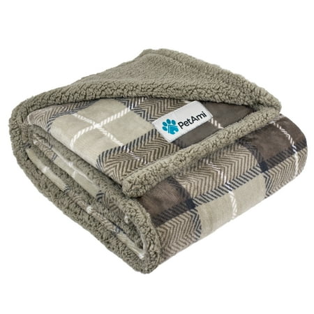 PetAmi Dog Blanket for Bed, XL Pet Blanket Large Dogs, Fleece Furniture Couch Cover Protector Sofa Car Crate Kennel, Soft Sherpa Cat Throw Plush Reversible Washable, Twin 60x80 Plaid Taupe