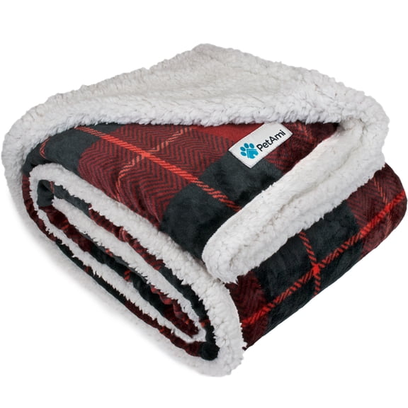 PetAmi Dog Blanket for Medium Large Dogs, Pet Bed Blanket Cat Puppy Kitten, Fleece Furniture Couch Cover Protector Sofa Car, Soft Sherpa Dog Throw Plush Reversible Washable, 40x60 Plaid Red