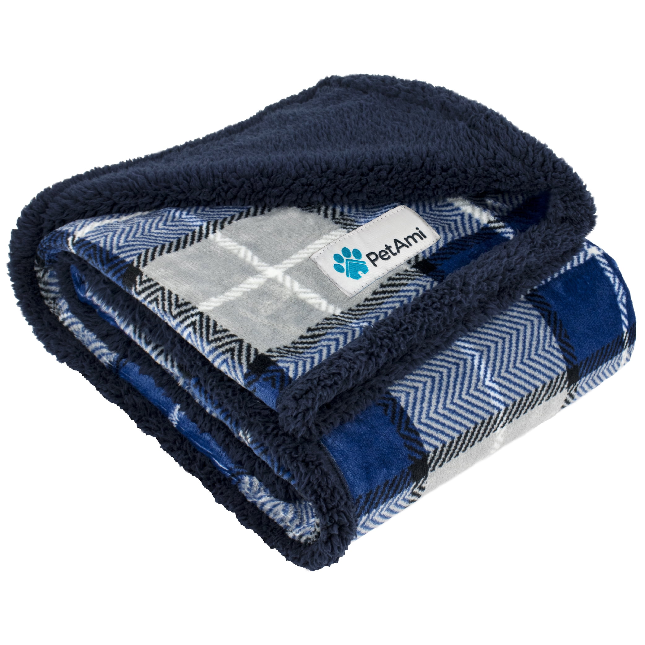 Large Navy Plaid Sherpa Fleece Reversible Outdoor Throw Blanket