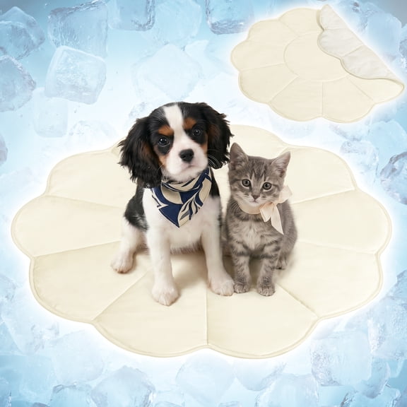 PetAmi Dog Cooling Mat, Flower Shape, Pet Pad with Cooling Nylon & Soft Fleece, Q-Max > 0.4 Reversible All Season Blanket for Dogs & Cats, Small 35x35 In, Beige
