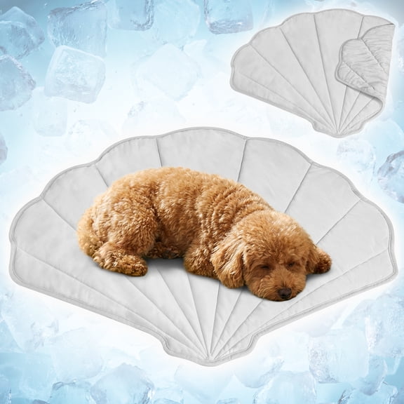 PetAmi Dog Cooling Mat, Sea Shell Shape, Pet Pad with Cooling Nylon & Soft Fleece, Q-Max > 0.4 Reversible All Season Blanket for Dogs & Cats, Medium 40x47 In, Light Grey