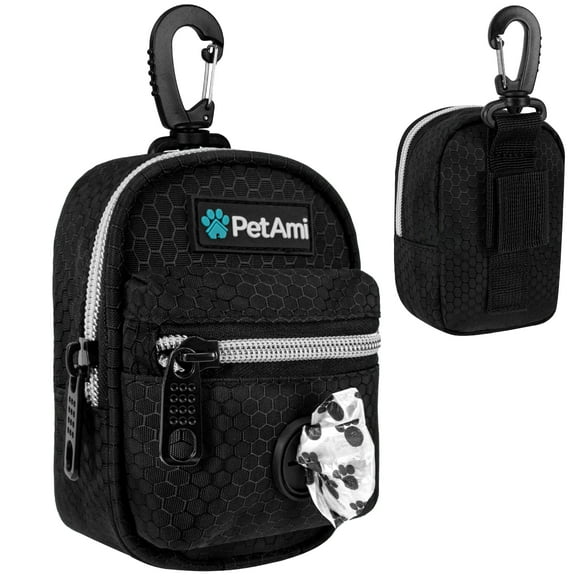 PetAmi Dog Poop Bag Holder for Leash, Dog Pet Waste Bag Dispenser For Poop With Clip For Doggie Puppy Walking Accessories Travel Camping, Dog Treat Pouch Supplies Must Have With Doggy Bag Roll, Black