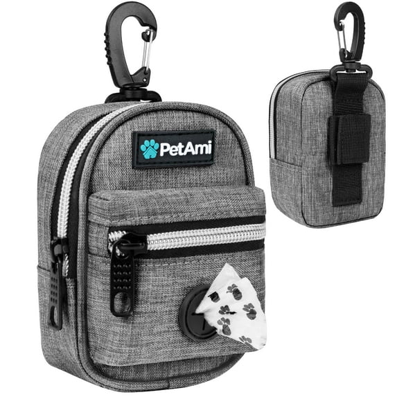 PetAmi Dog Poop Bag Holder for Leash, Dog Pet Waste Bag Dispenser For Poop With Clip, Doggy Puppy Walking Accessories Travel Camping, Dog Treat Pouch Supplies Must Have With Dog Bag Roll, Light Gray