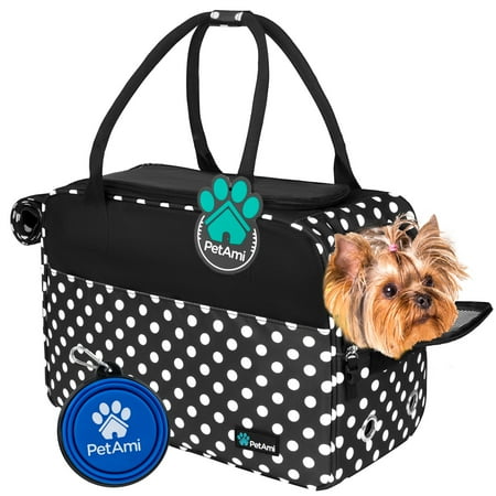 PetAmi Dog Purse Carrier for Small Dogs, Airline Approved Soft Sided Pet Carrier Pockets, Ventilated Dog Carrying Bag Puppy Cat, Dog Travel Supplies Accessories Carry Tote, Sherpa Bed, Polka Dot Black