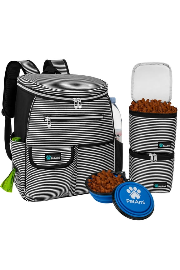 Dog Travel Bag Backpack, Airline Approved Dog Bags for Traveling, Puppy Diaper Bag Supplies, Pet Camping Essentials Hiking Accessories Dog Gift, Food Container, Collapsible Bowls, Stripe Black