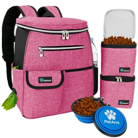 PetAmi Dog Travel Bag Backpack, Airline Approved Dog Bags for Traveling, Puppy Diaper Bag Supplies, Pet Camping Essentials Hiking Accessories Dog Mom Gift, Food Container, Collapsible Bowls, Pink