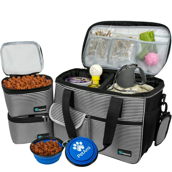 PetAmi Dog Travel Bag, Travel Pet Bag Organizer, Dog Food Travel Bag with Food Container and Bowls, Dog Travel Supplies Gift Accessories for Weekend Camping, Dog Cat Diaper Bag (Stripe Black, Medium)