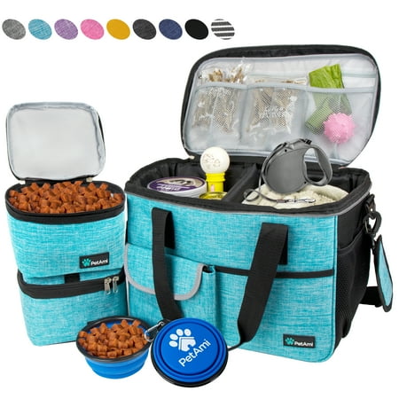 PetAmi Dog Travel Bag, Travel Pet Bag Organizer, Dog Food Travel Bag with Food Container and Bowls, Dog Travel Supplies Gift Accessories for Weekend Camping, Dog Cat Diaper Bag (Sea Blue, Medium)