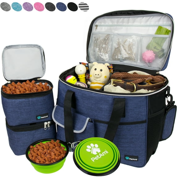 PetAmi Dog Travel Bag, Travel Pet Bag Organizer, Dog Food Travel Bag with Food Container and Bowls, Dog Travel Supplies Gift Accessories for Weekend Camping, Dog Cat Diaper Bag (Navy, Large)