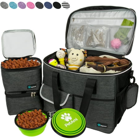 PetAmi Dog Travel Bag, Travel Pet Bag Organizer, Dog Food Travel Bag with Food Container and Bowls, Dog Travel Supplies Gift Accessories for Weekend Camping, Dog Cat Diaper Bag (Charcoal, Large)