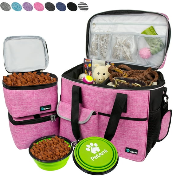 PetAmi Dog Travel Bag, Travel Pet Bag Organizer, Dog Food Travel Bag with Food Container and Bowls, Dog Travel Supplies Gift Accessories for Weekend Camping, Dog Cat Diaper Bag (Pink, Large)