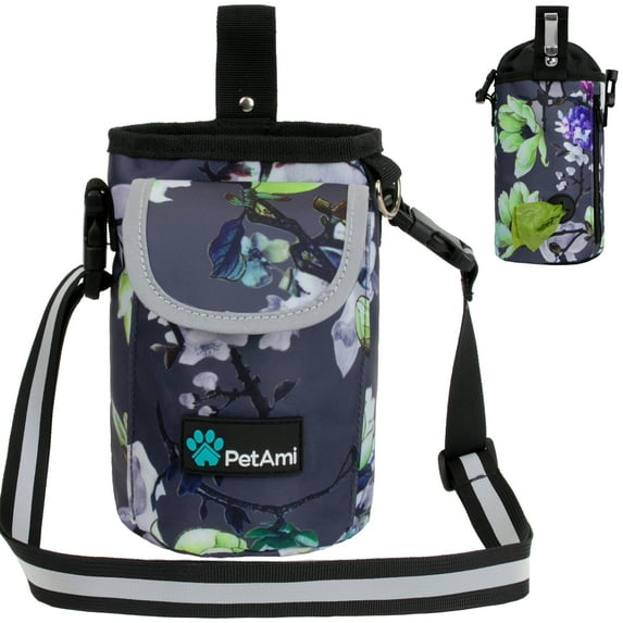 PetAmi Dog Treat Pouch, Large Pet Training Treat Pouch with Pocket, Dog Trainer Essentials Supply Holder with Poop Bag Dispenser, Training Bag for Kibbles Toys, 3 Ways to Wear (Floral Grey)