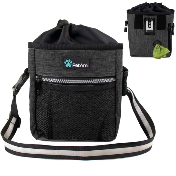 PetAmi Dog Treat Pouch, Pet Treat Pouch For Training, Dog Walking Bag Holder for Kibbles, Pet Food Toy, Dog Trainer Essentials Supplies, Poop Bag Dispenser, 3 Ways to Wear (Charcoal)
