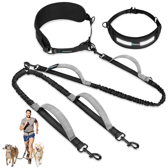 PetAmi Hands Free Double Dog Leash with Padded Lumbar Waist Belt, 360 No-Tangle Swivel Coupler, Bungee Shock Absorbing Dual Leash for Two Dogs Medium Large, Reflective, Black