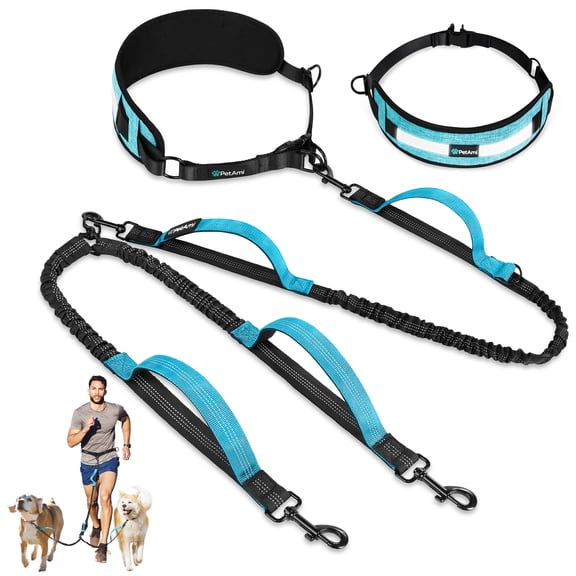 PetAmi Hands Free Double Dog Leash with Padded Lumbar Waist Belt, 360 No-Tangle Swivel Coupler, Bungee Shock Absorbing Dual Leash for Two Dogs Medium Large, Reflective, Turquoise