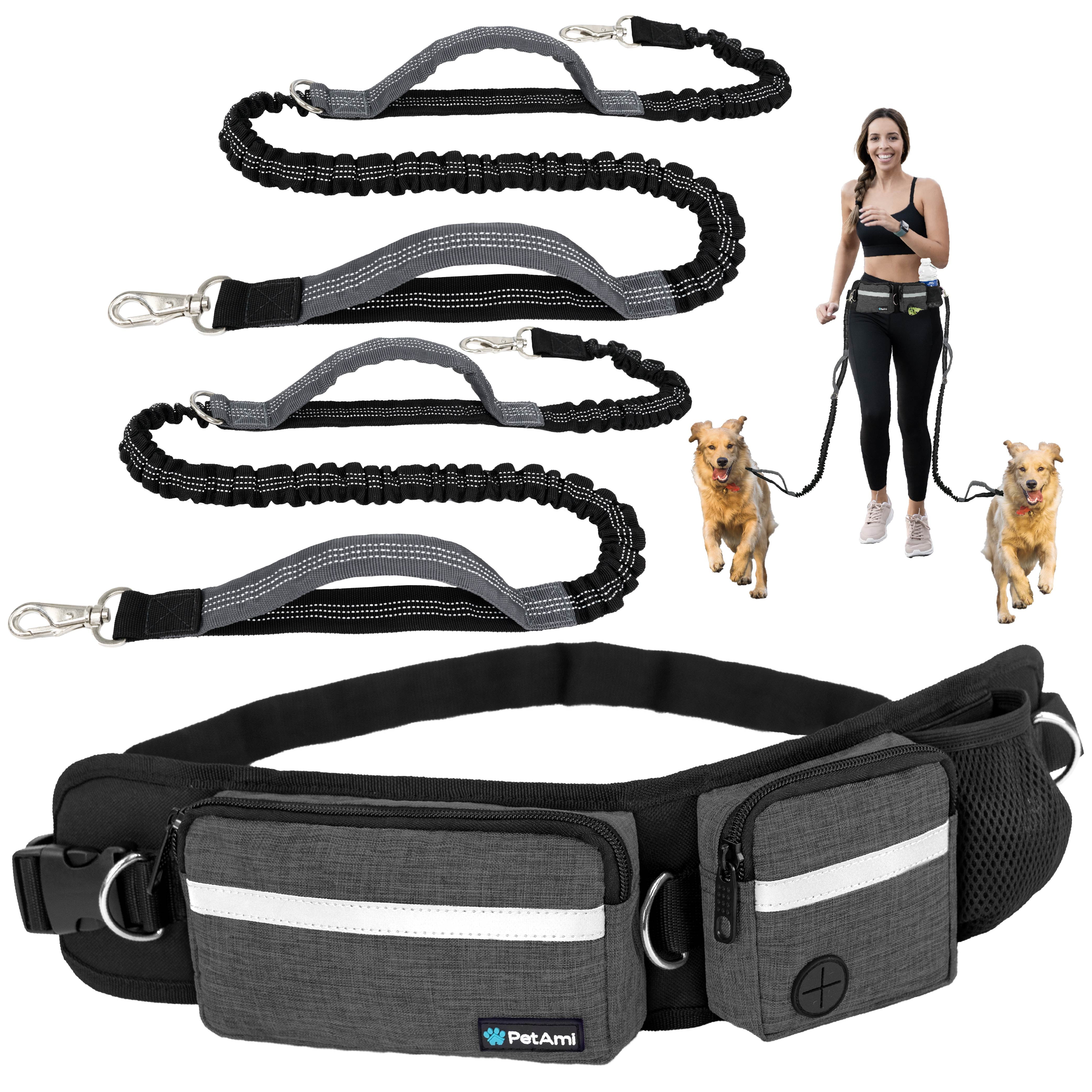 PetAmi Hands Free Dog Leash, Dog Running Leash Belt Bag for Walking, Jogging, Dog Waist Double Zipper Pouch with Poop Bag Dispenser, Dual Padded Handles Reflective Bungee Leash, Double (Charcoal Grey)