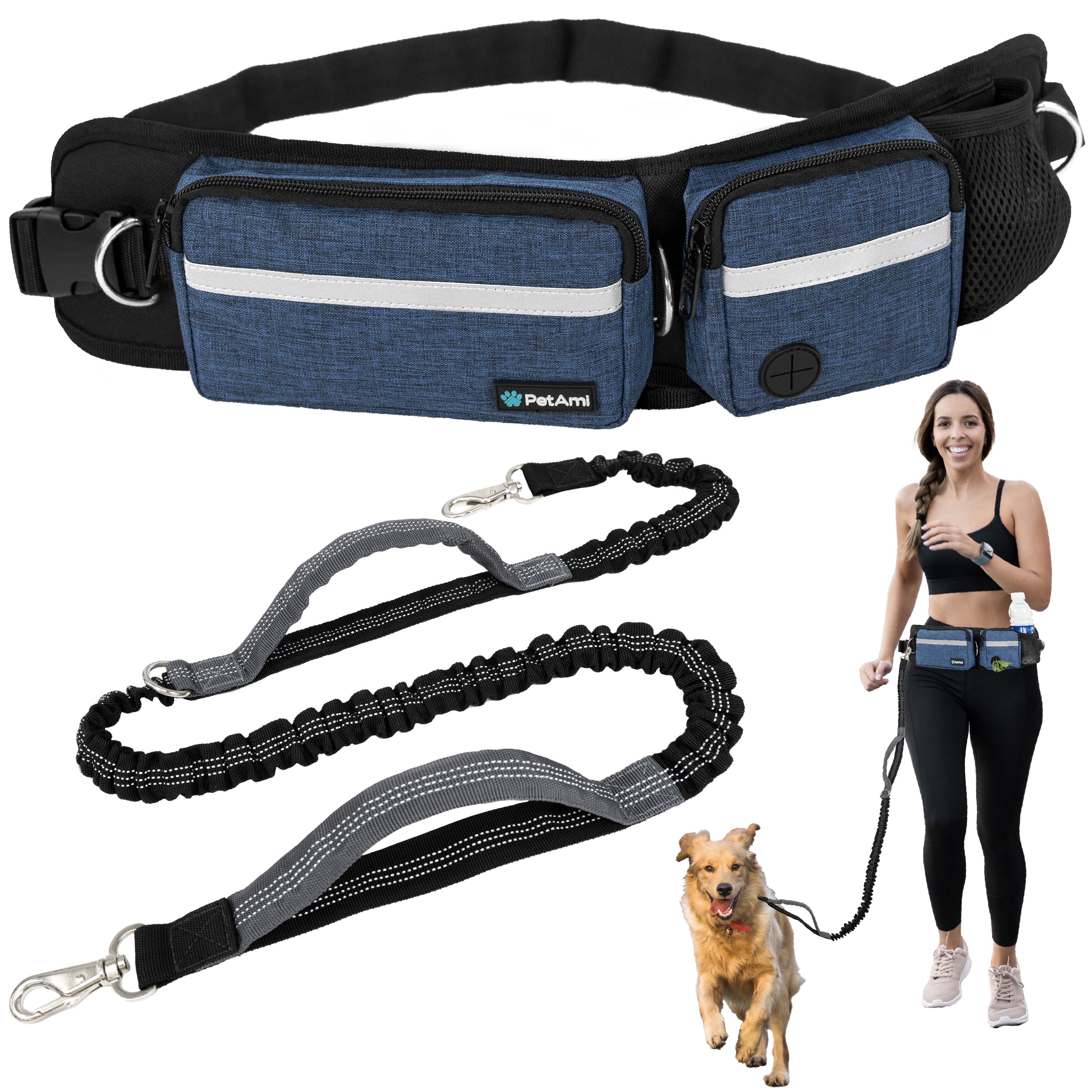 PetAmi Hands Free Dog Leash, Dog Running Leash Belt Bag for Walking, Jogging, Dog Waist Double Zipper Pouch with Poop Bag Dispenser, Dual Padded Handles Reflective Bungee Leash, Single (Navy)