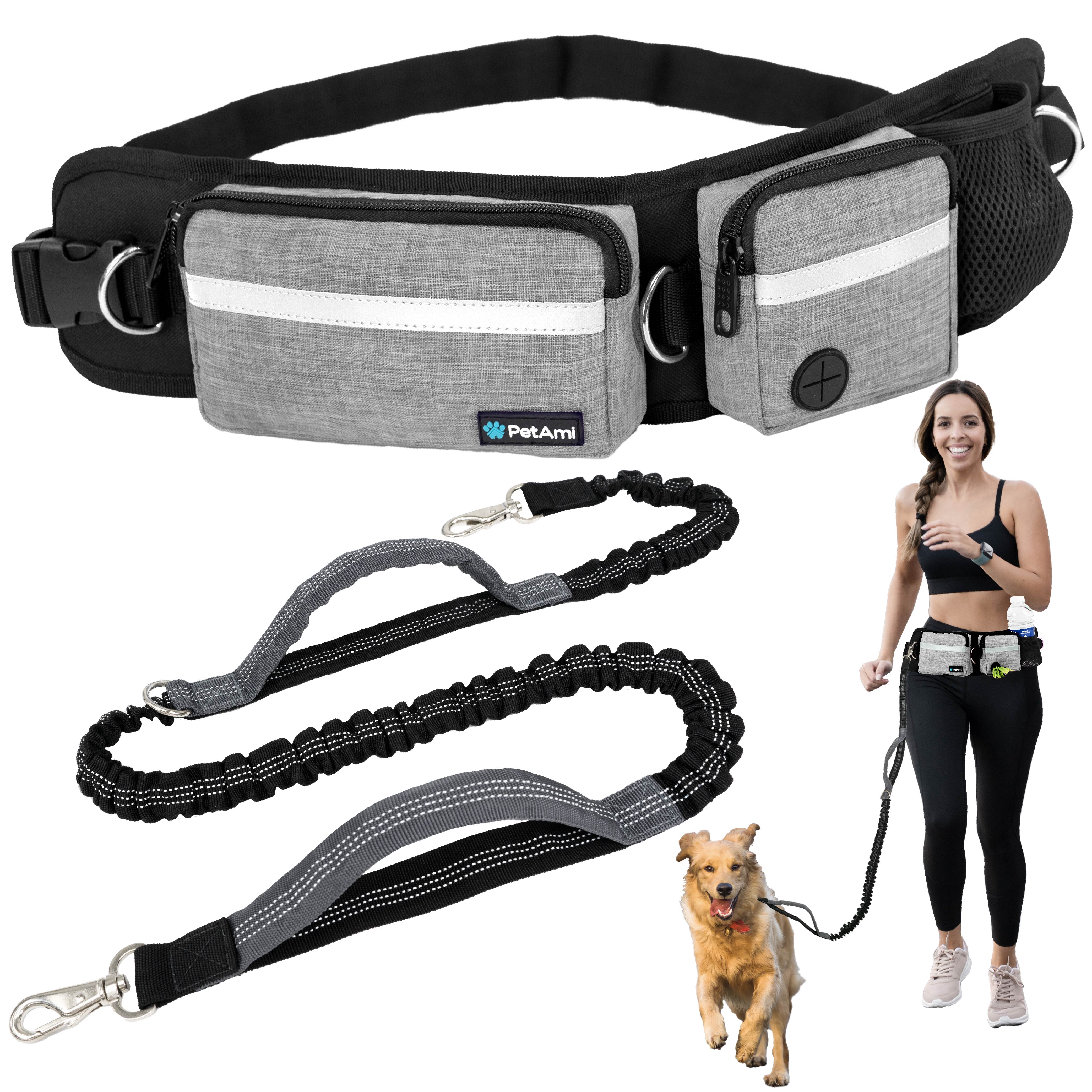 PetAmi Hands Free Dog Leash, Dog Running Leash Belt Bag for Walking, Jogging, Dog Waist Double Zipper Pouch with Poop Bag Dispenser, Dual Padded Handles Reflective Bungee Leash, Single (Heather Grey)