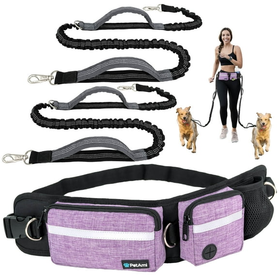 PetAmi Hands Free Dog Leash, Dog Running Leash Belt Bag for Walking, Jogging, Dog Waist Double Zipper Pouch with Poop Bag Dispenser, Dual Padded Handles Reflective Bungee Leash, Double
