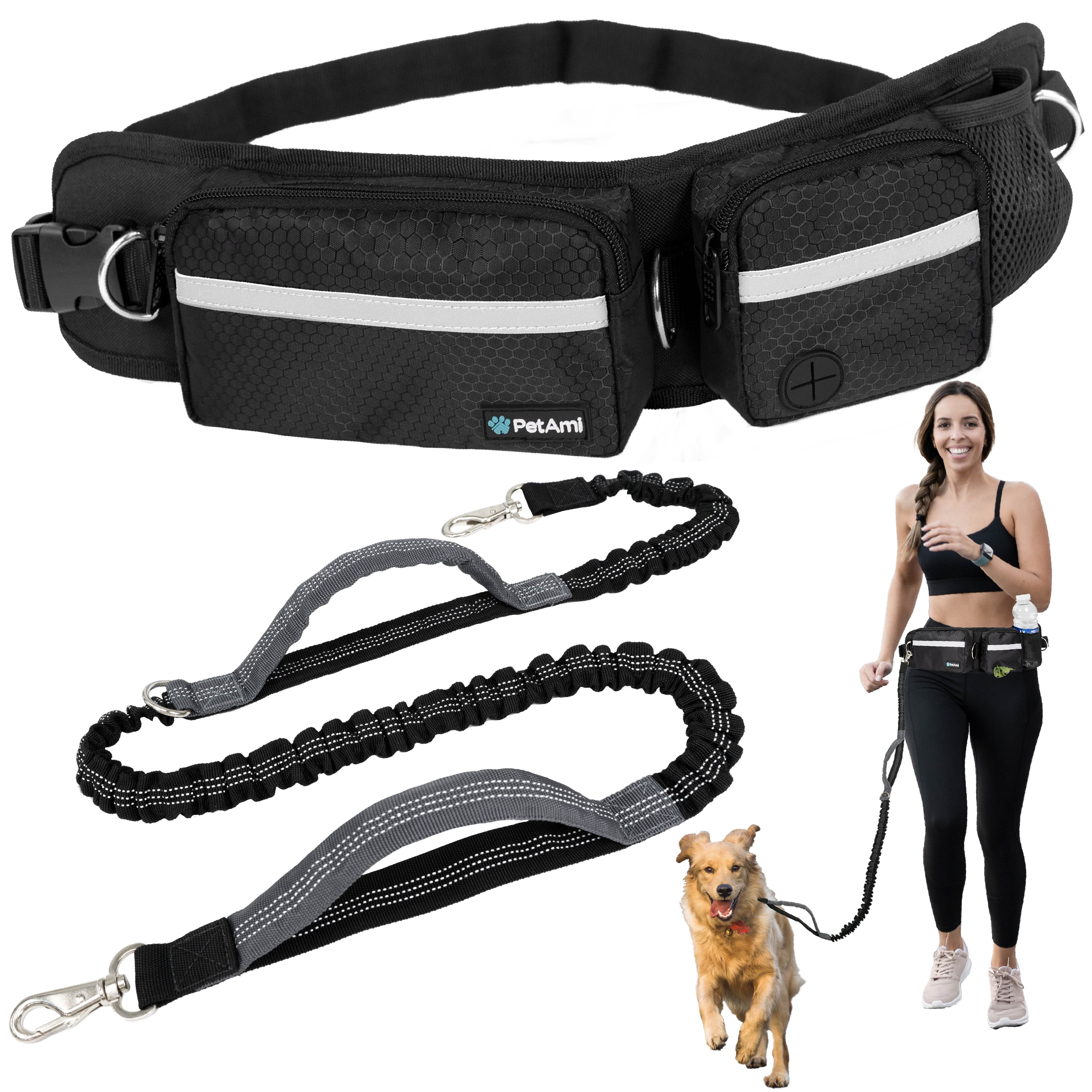 PetAmi Hands Free Dog Leash, Dog Running Leash Belt Bag for Walking, Jogging, Dog Waist Double Zipper Pouch with Poop Bag Dispenser, Dual Padded Handles Reflective Bungee Leash, Single