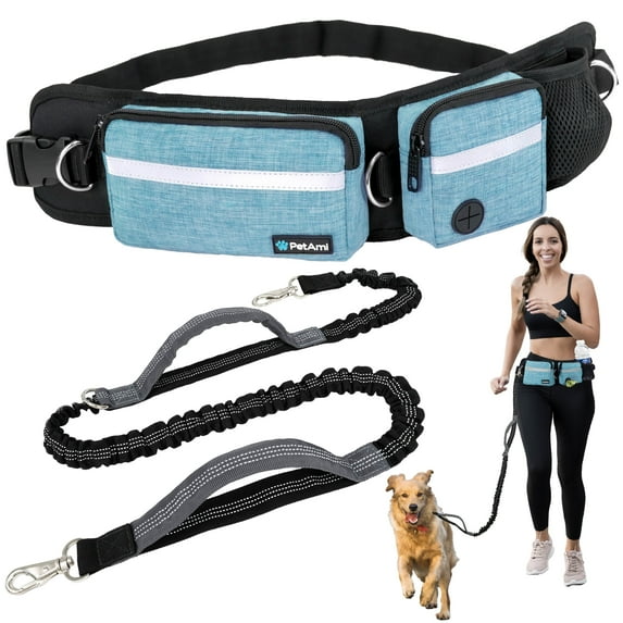PetAmi Hands Free Dog Leash, Dog Running Leash Belt Bag for Walking, Jogging, Dog Waist Double Zipper Pouch with Poop Bag Dispenser, Dual Padded Handles Reflective Bungee Leash, Single