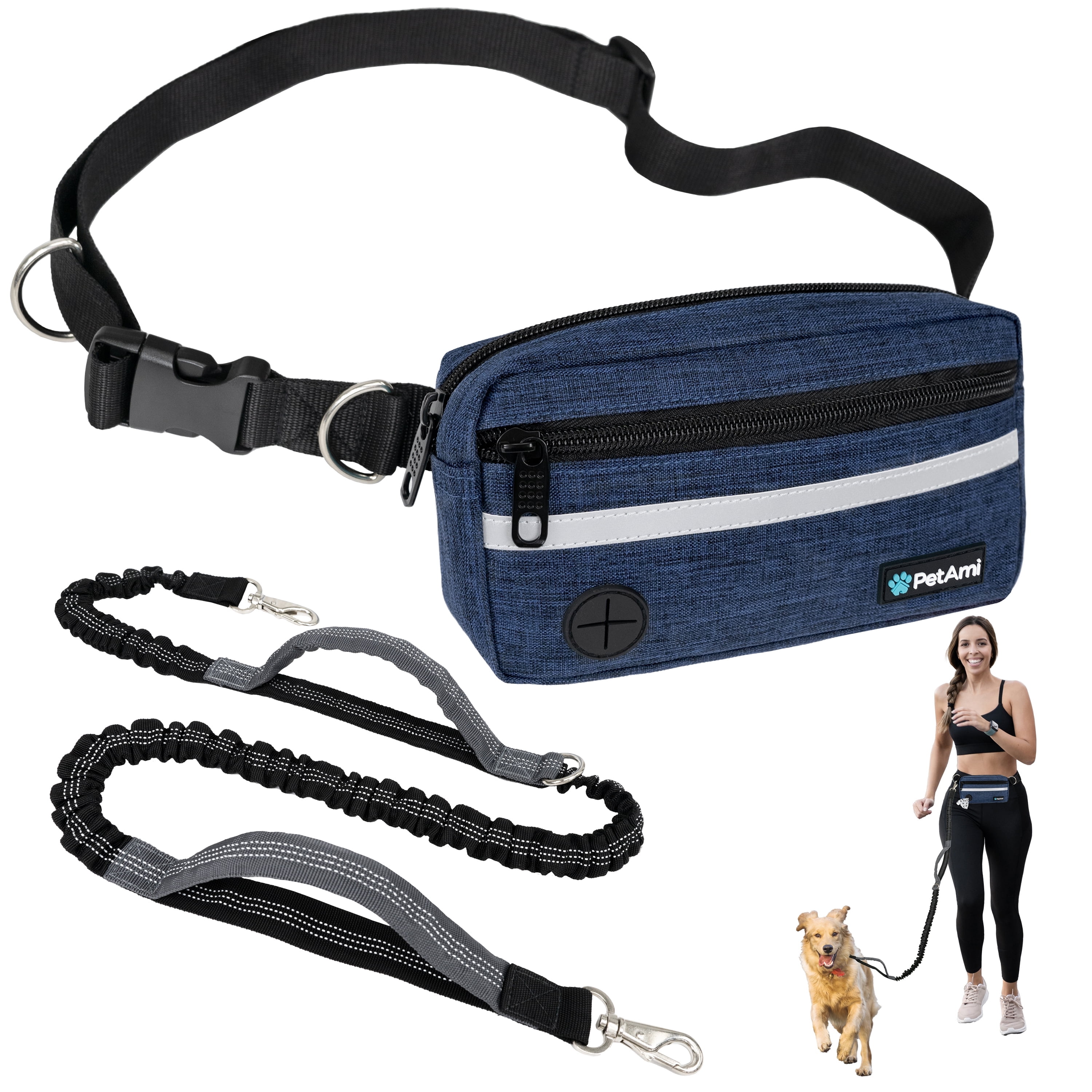 PetAmi Hands Free Dog Leash, Dog Running Leash Belt for Walking Jogging, Dog Waist Zipper Pouch Fanny Pack with Poop Bag Dispenser, Dual Padded Handle Bungee Leash for Small Medium Large Dogs, Single