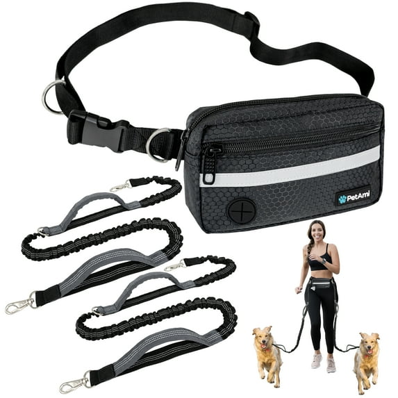PetAmi Hands Free Dog Leash, Dog Running Leash Belt for Walking Jogging, Dog Waist Zipper Pouch Fanny Pack with Poop Bag Dispenser, Dual Padded Handle Bungee Leash for Small Medium Large Dogs, Double