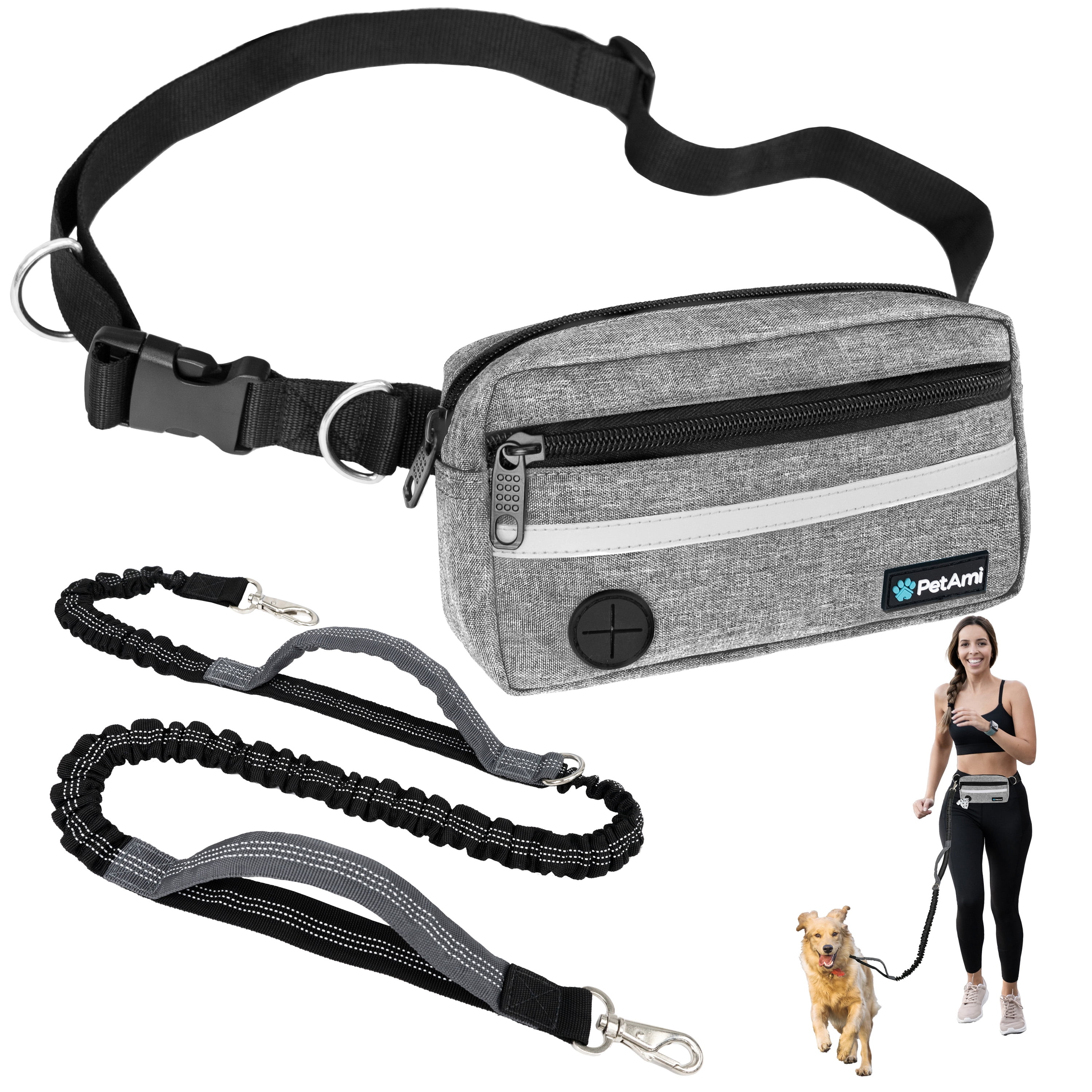 PetAmi Hands Free Dog Leash, Dog Running Leash Belt for Walking Jogging, Dog Waist Zipper Pouch Fanny Pack with Poop Bag Dispenser, Dual Padded Handle Bungee Leash for Small Medium Large Dogs, Single