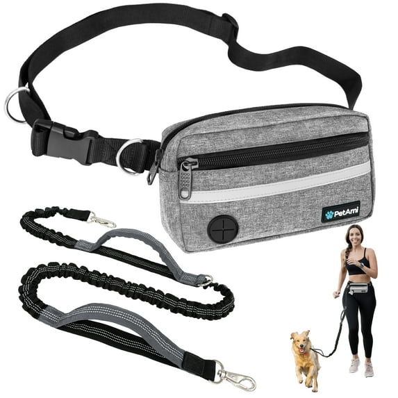 PetAmi Hands Free Dog Leash, Dog Running Leash Belt for Walking Jogging, Dog Waist Zipper Pouch Fanny Pack with Poop Bag Dispenser, Dual Padded Handle Bungee Leash for Small Medium Large Dogs, Single