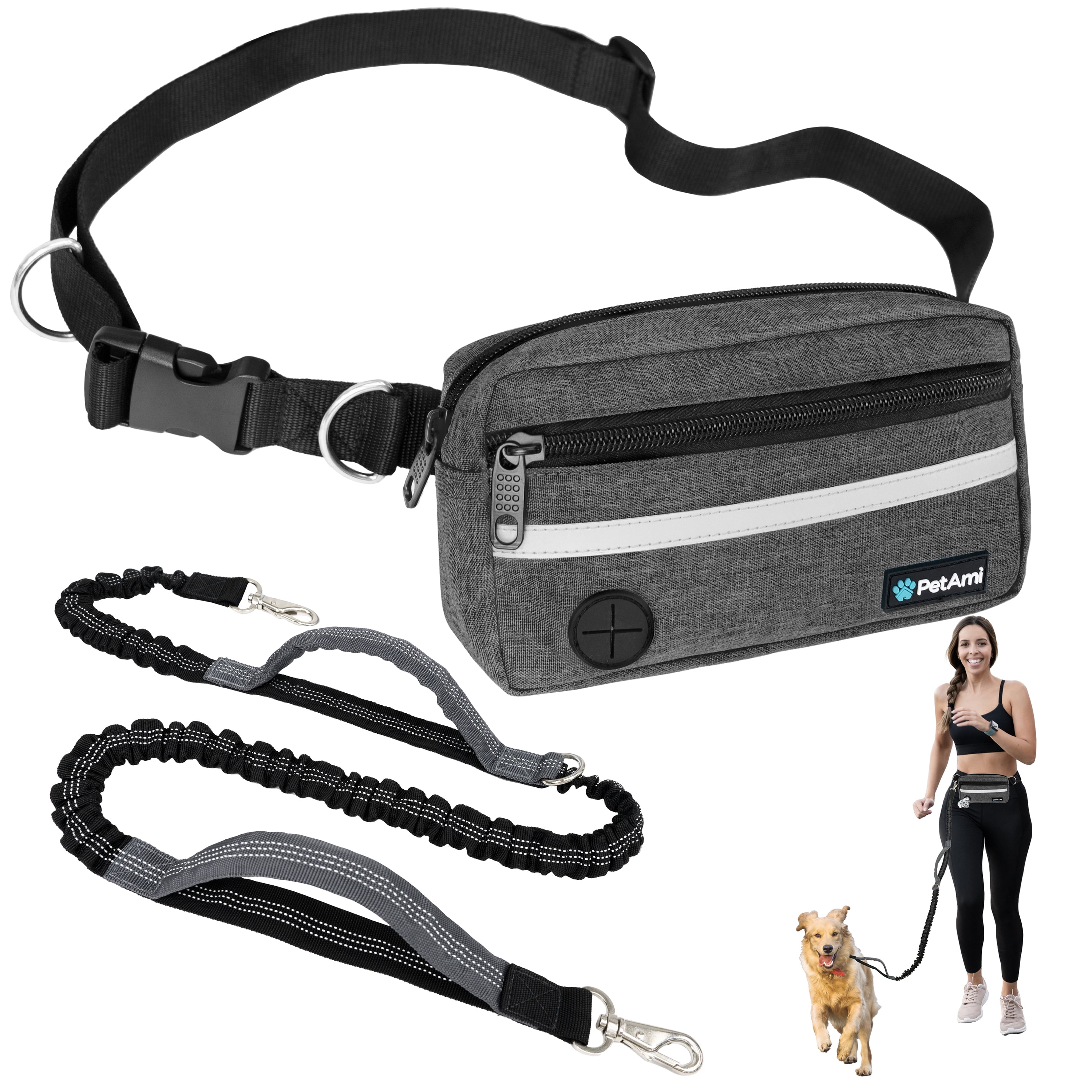 PetAmi Hands Free Dog Leash, Dog Running Leash Belt for Walking Jogging, Dog Waist Zipper Pouch Fanny Pack with Poop Bag Dispenser, Dual Padded Handle Bungee Leash for Small Medium Large Dogs, Double